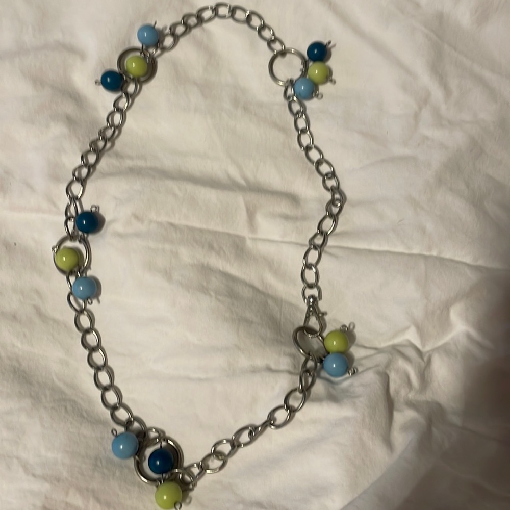 Vintage Funky Chain Type Silver/Blue/Green Necklace Low Hanging w/Beads & Loops